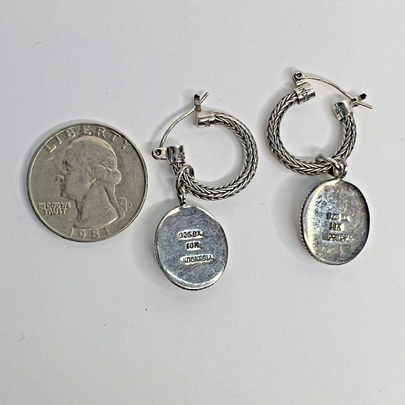 Signed BA Sterling Silver 18k Gold Hoop Earrings w/ Charm Byzantine Balinese - Picture 6 of 6